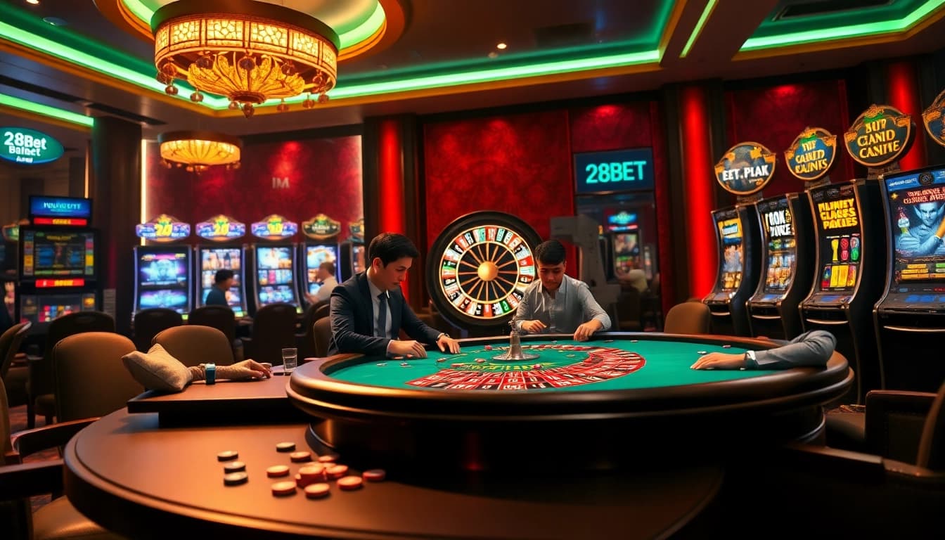 Players enjoying a high-stakes game at 28BET's luxurious casino table, showcasing Roulette and Poker.