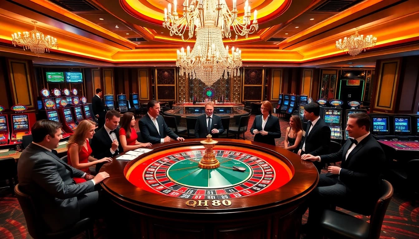 Experience the thrill of qh88 at a luxurious casino with vibrant gaming tables and elegant ambiance.