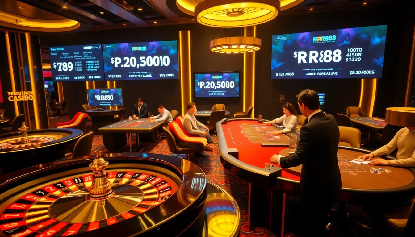 Experience the thrill of gameplay at RR88 with an elegant casino atmosphere featuring a roulette wheel.