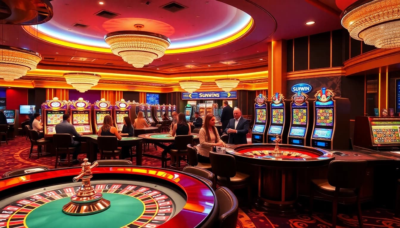 Sunwin casino scene with poker tables, colorful slot machines, and excited players.
