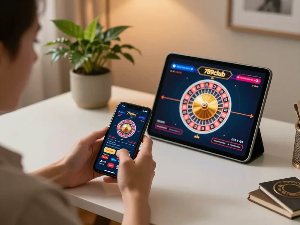 Engaging with roulette game on 789club mobile app in a stylish home office setting.