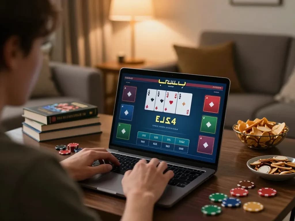 Player strategizing on nk88 online poker platform in a cozy home setting