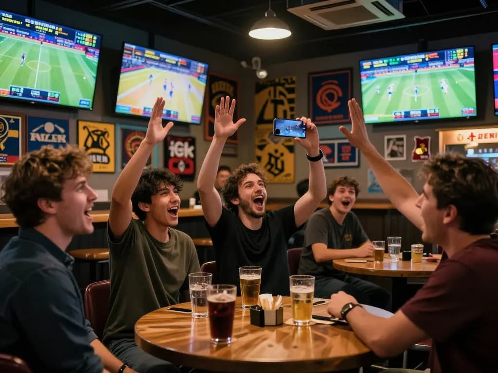 Sports bettors cheering and analyzing odds at ww88 during live games.