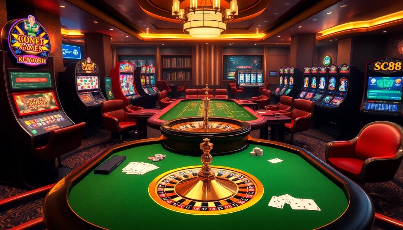 Engaging scene of SC88 gaming experience with casino table, cards, and roulette wheel.