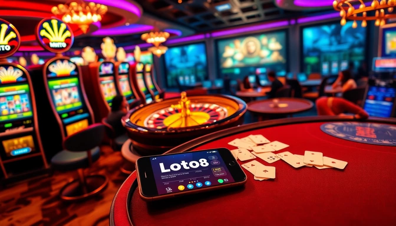 Loto188 players engaging in thrilling online gambling with vibrant casino elements and app interface.