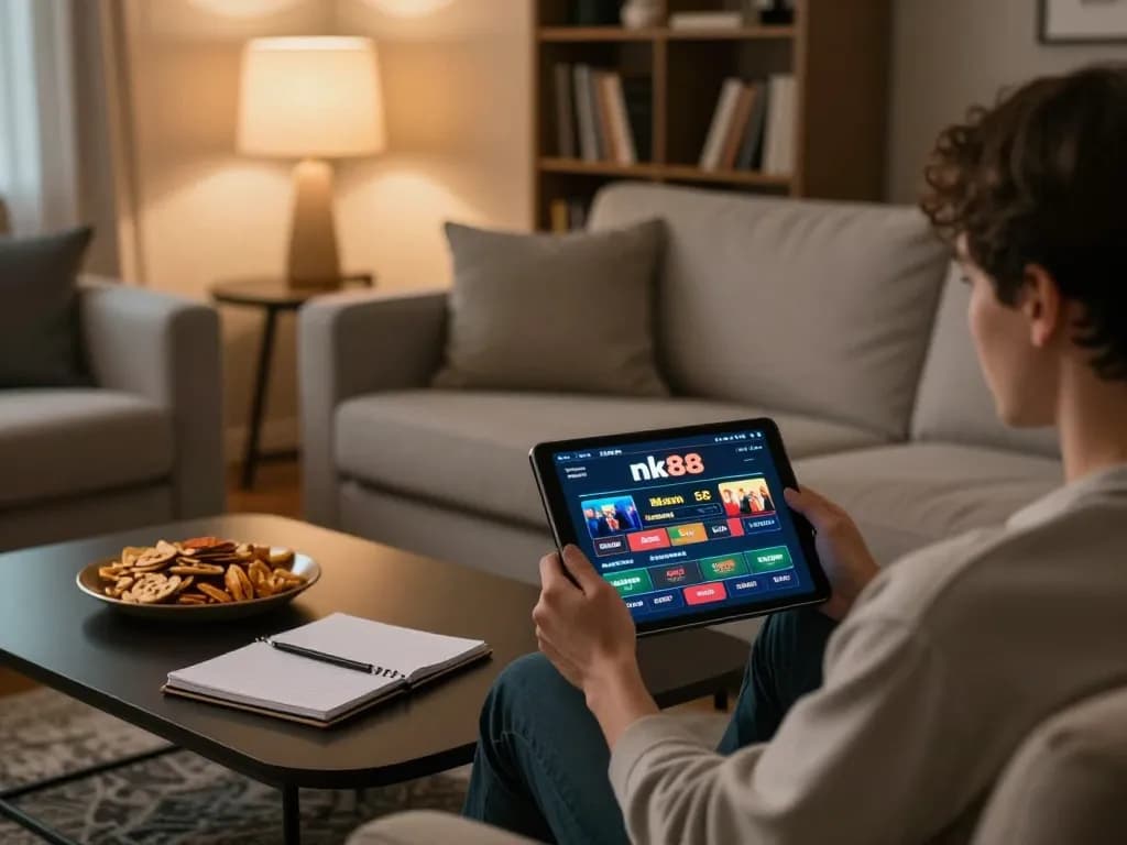 Engaging nk88 online gambling scene with a player using tablet in a cozy living room