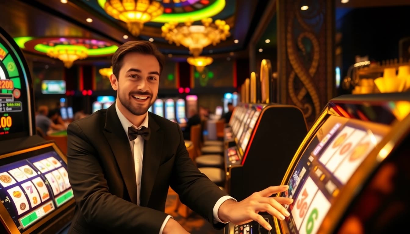 Pemain berinteraksi dengan mesin slot88 di lingkungan kasino mewah, menunjukkan kegembiraan dan suasana perjudian.