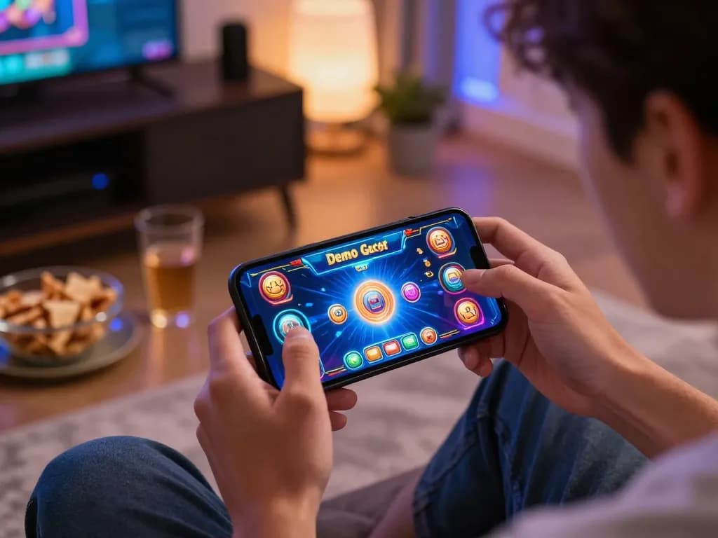 Engaged player experiencing Demo Gacor online gaming on mobile device in cozy home setting.