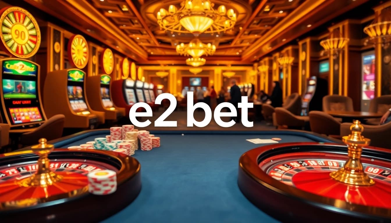 E2 bet casino scene showcasing vibrant tables, excited players, and luxury decor.