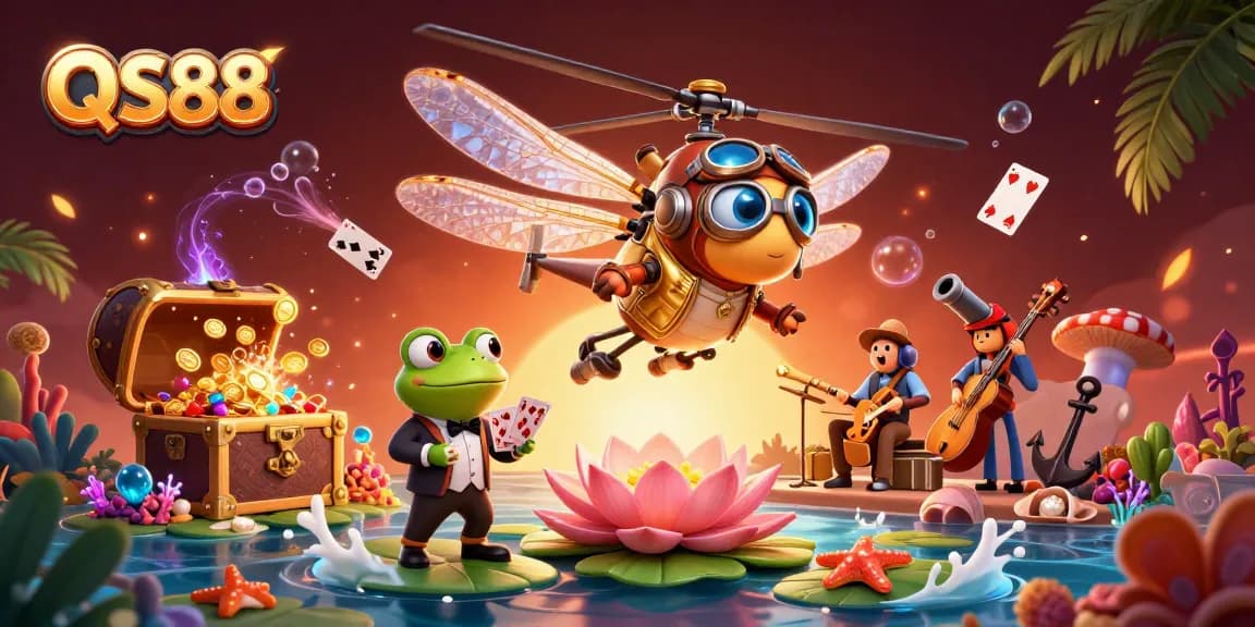 Experience thrilling gaming at QS88 with a dragonfly pilot and frog croupier amidst vibrant casino elements.