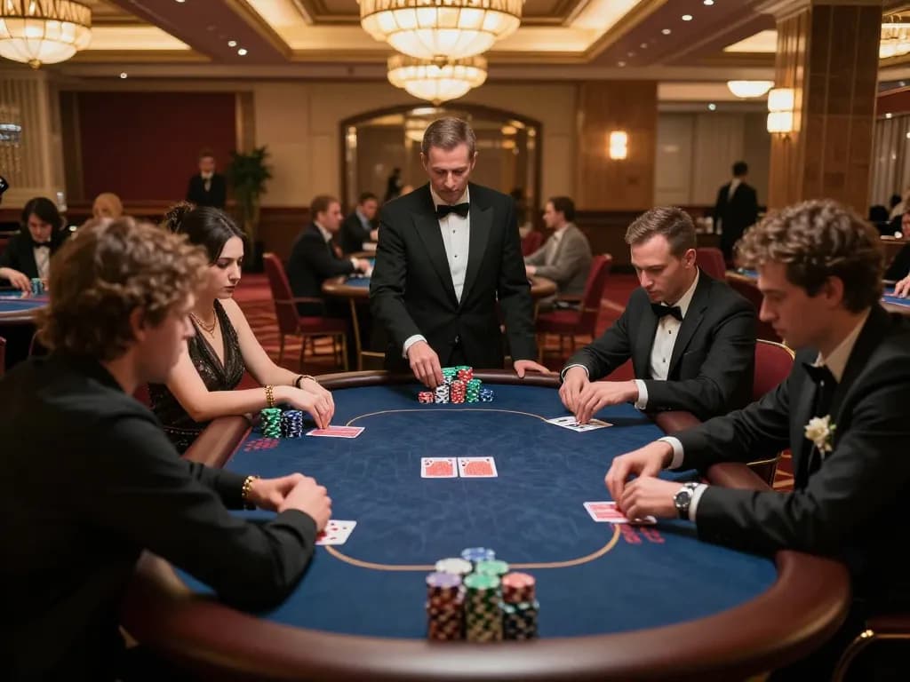 Permainan poker yang menarik di meja kasino VM777, pemain elegan dengan fokus pada chip berwarna, pencahayaan kasino yang hangat