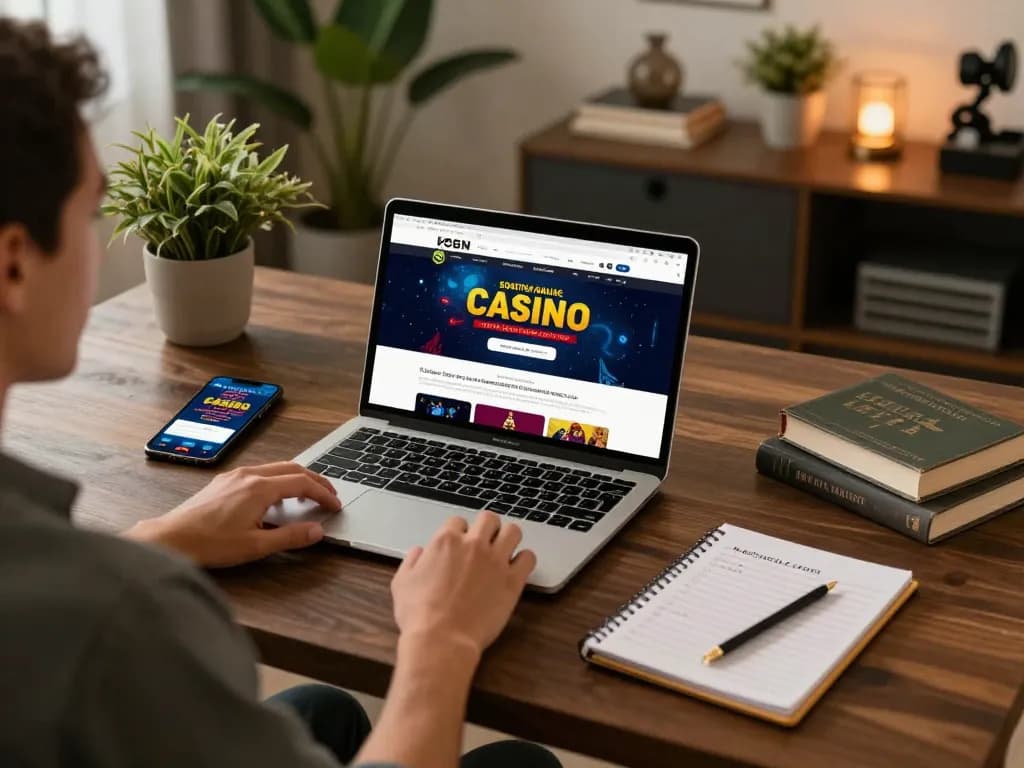 Engaging scene of a player at South African Online Casinos, using a laptop and smartphone for a dynamic gaming experience.