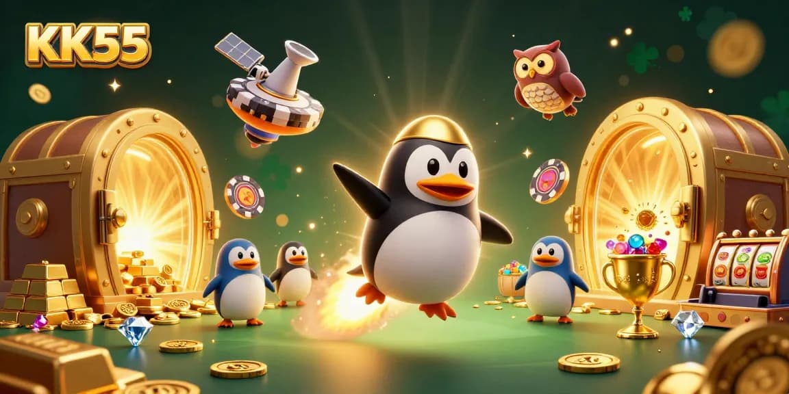 Engage with KK55's vibrant online casino experience as a rocket-powered penguin blasts through a golden treasure-filled space.
