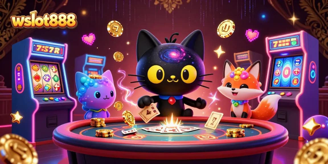 Wslot888 menampilkan kucing hitam berbintang di kasino cosmic, menarik chip emas.