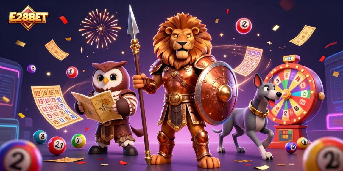 E28BET casino excitement with bright lottery balls, a Spartan lion, and dynamic winnings backdrop