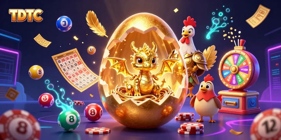 Engage with the TDTC illustrated scene featuring a golden dragon amidst vibrant casino elements.