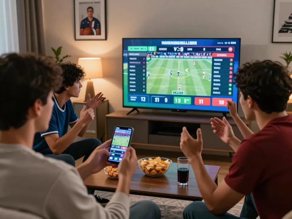 Captivating view of live sports betting activity using https://lv88.tips/ during a home gathering, showcasing intense focus and camaraderie.