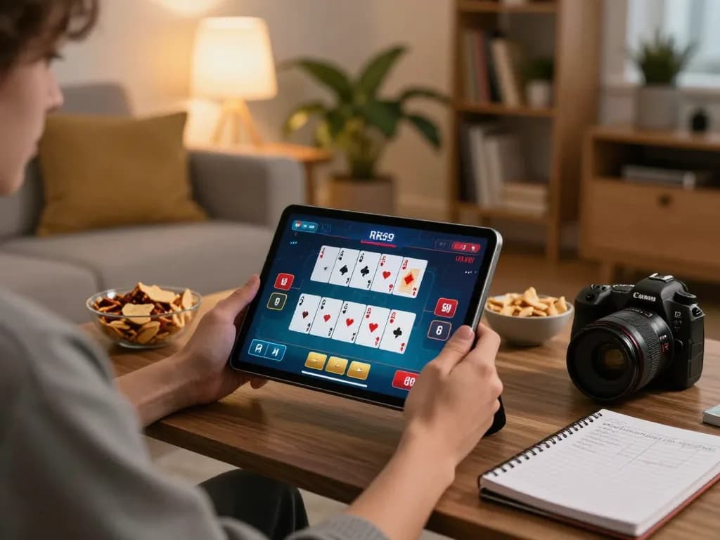 Engaging RR99 poker gameplay on a tablet in a cozy home environment, emphasizing strategic betting