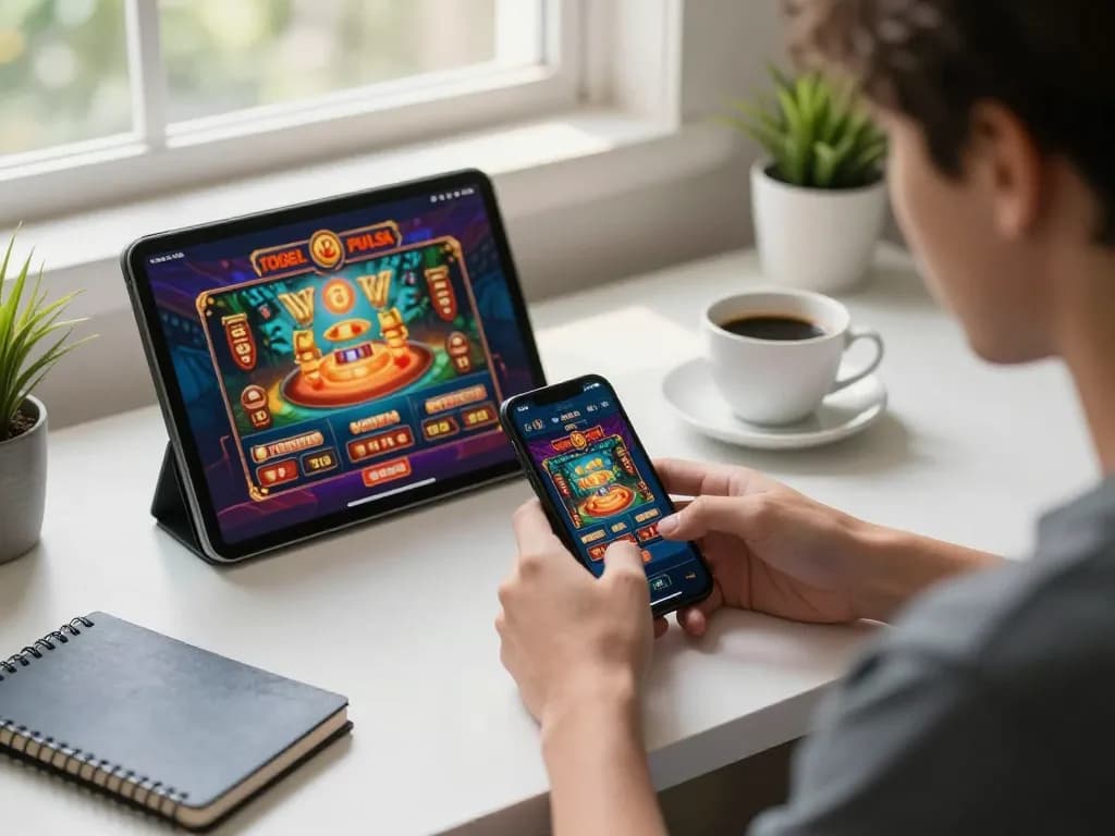 Engaging in togel pulsa betting on a smartphone at a modern desk setup, showcasing online gambling excitement