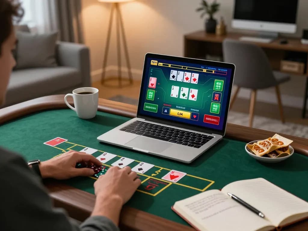 Player engaging in live dealer blackjack on laptop at home, showcasing mb66 gaming strategy.