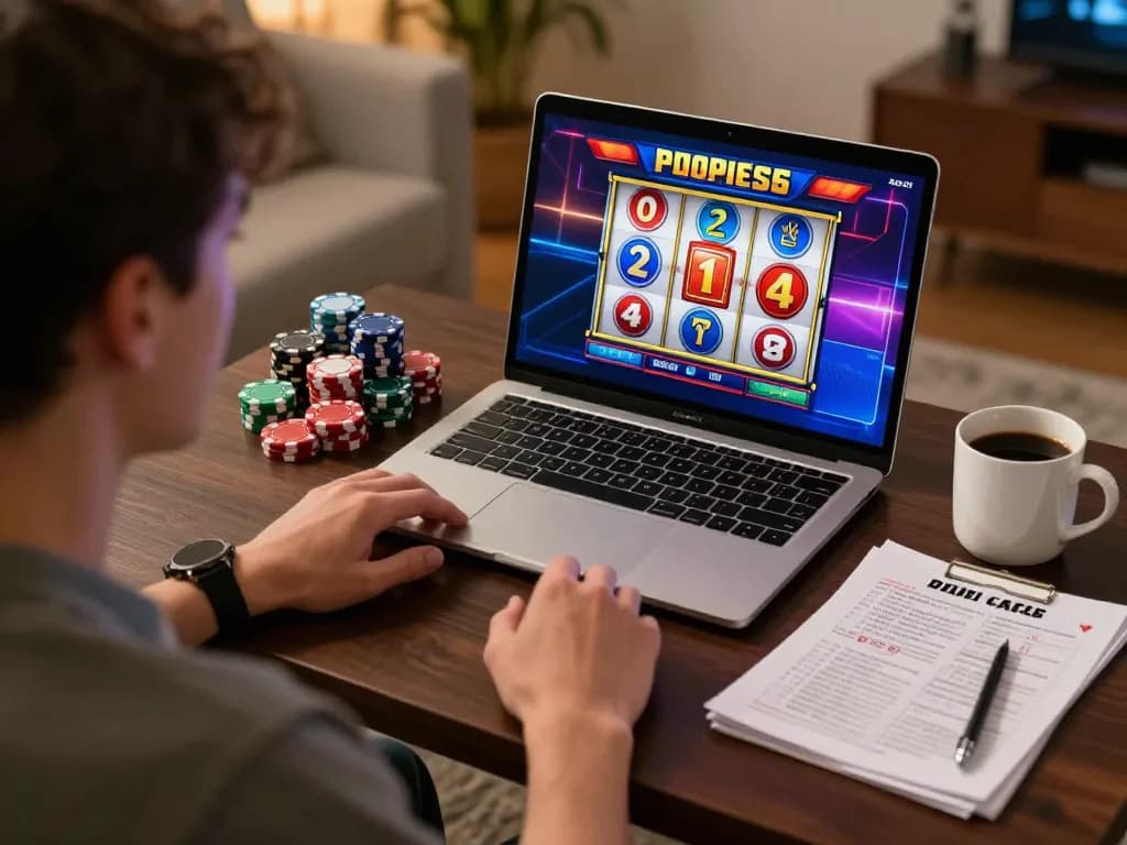 Player engaging in IDC88JOKER online gaming with colorful slot machine on screen and stacked chips.