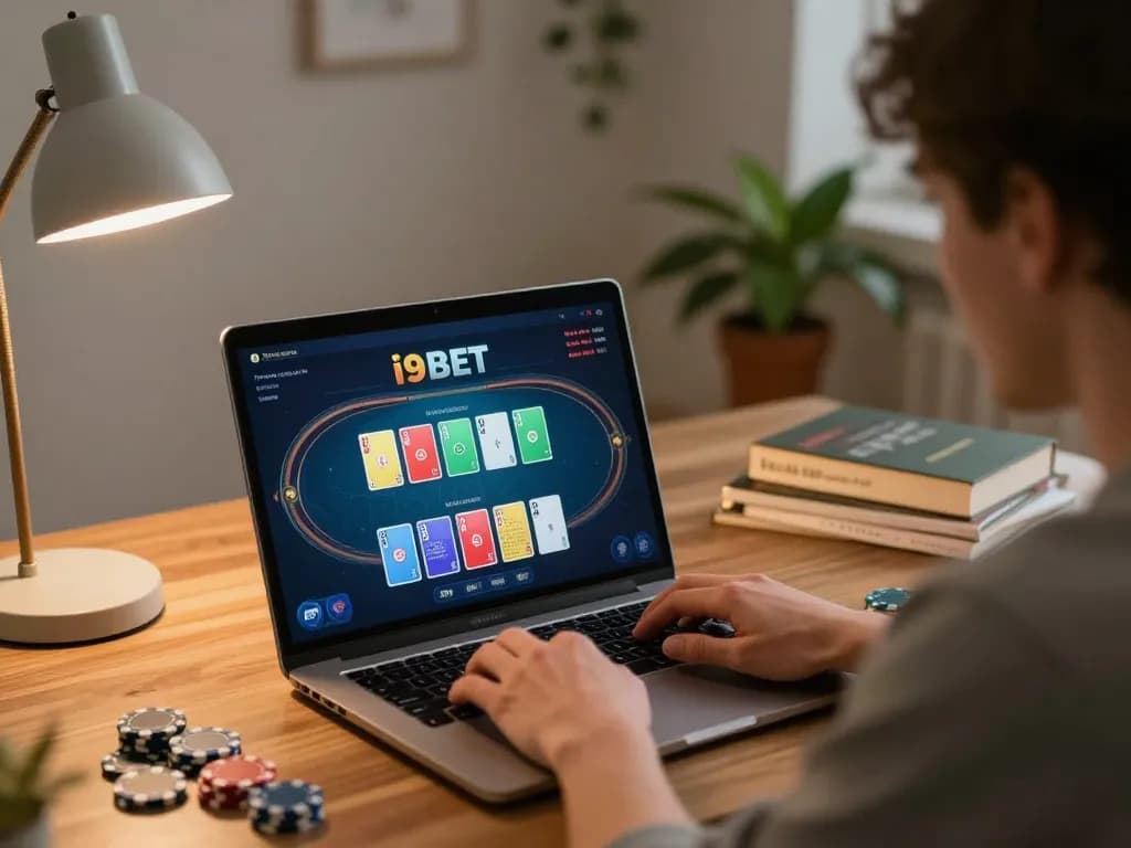 Engaging player using i9BET for online poker strategy in a cozy home environment