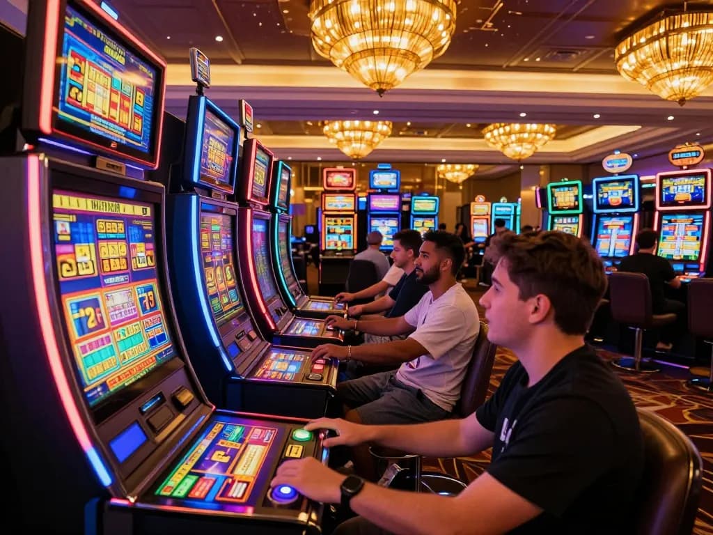 Players enjoying MEGA888 slots in vibrant casino atmosphere, surrounded by colorful machines.