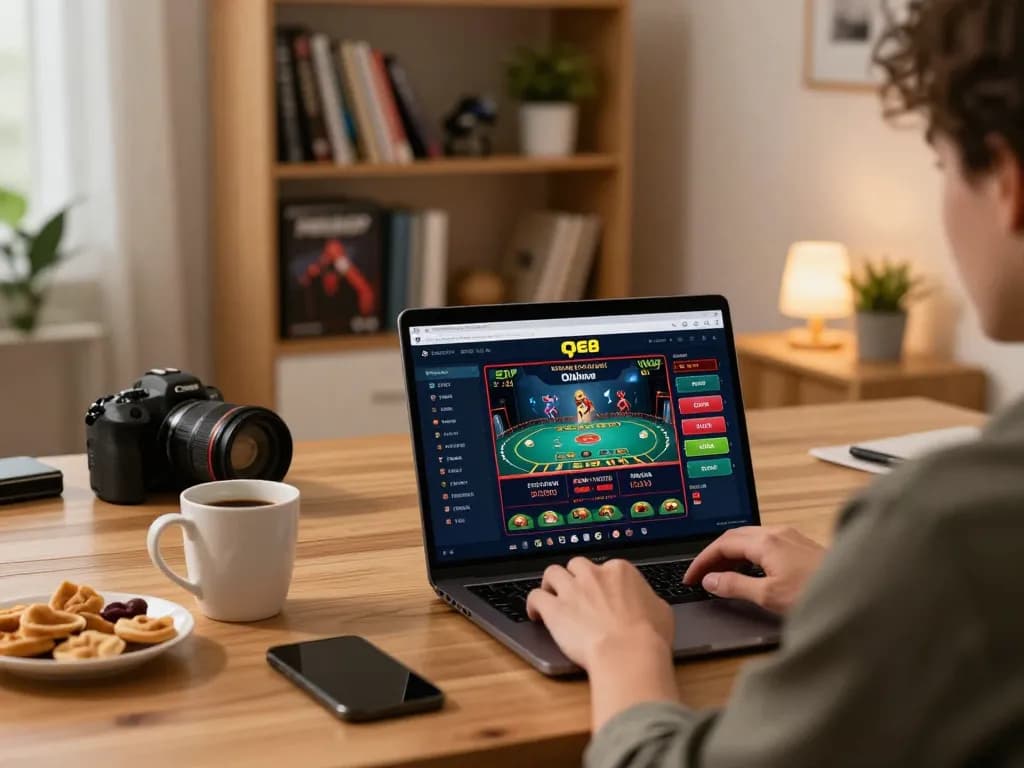 Engaging online casino gaming experience on QE8 platform in a cozy home setting.