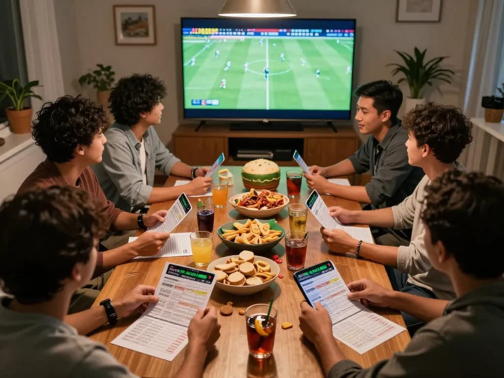 Teman-teman terlibat dalam analisis taruhan olahraga yang intens saat menonton skor langsung di TV, menyoroti wawasan SPBO untuk keputusan strategis.