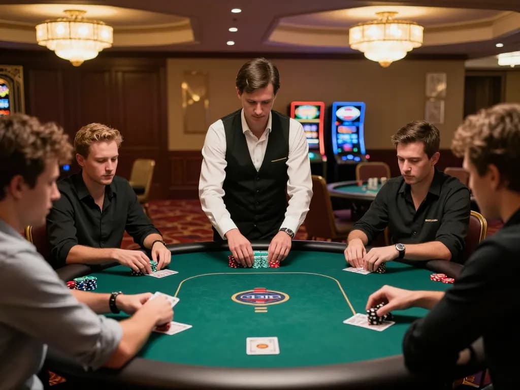 Exciting poker action at Jeetbuzz casino with players and chips in focus amidst luxurious surroundings.