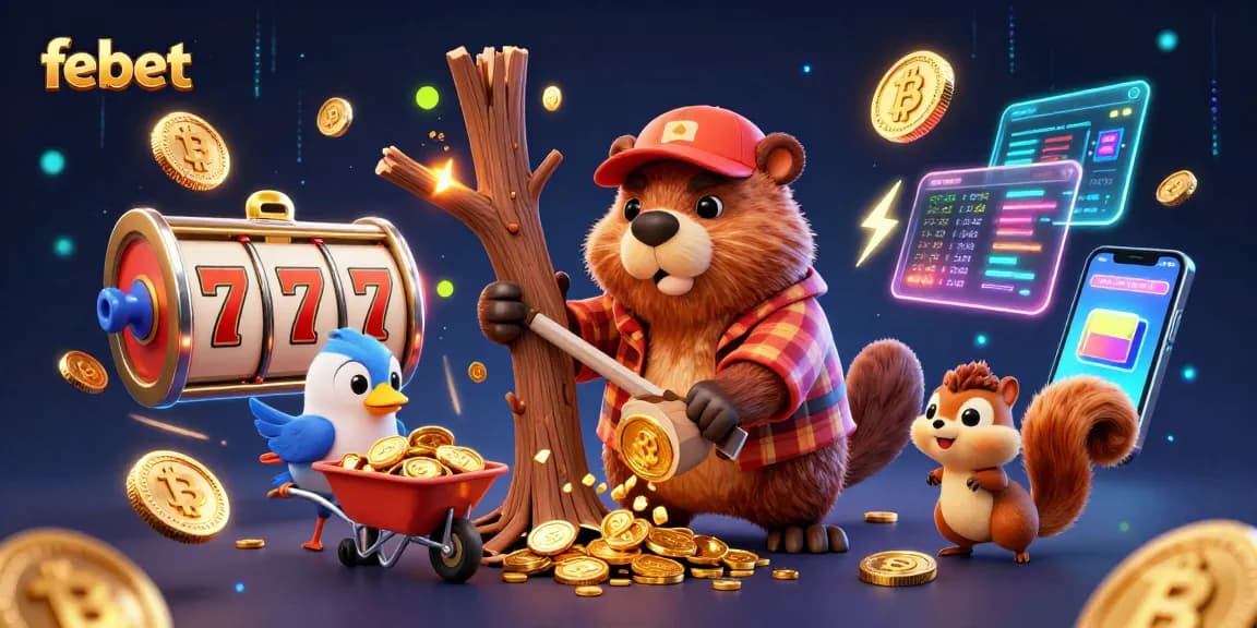 Explore gameplay with febet's vibrant cartoon scene of gaming characters collecting gold coins.