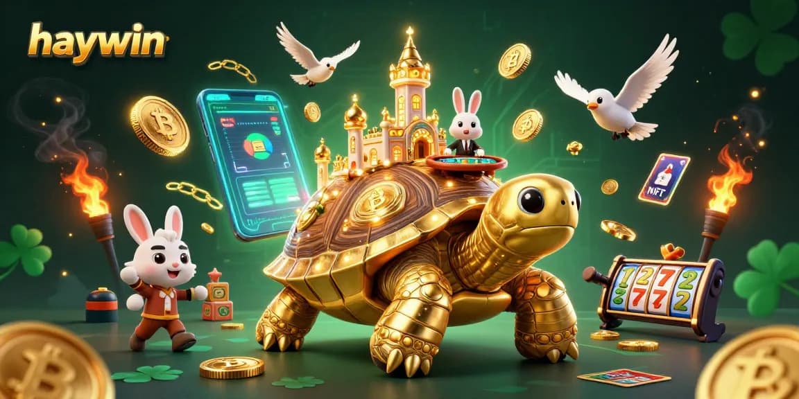 Engage with haywin's vibrant casino scene featuring a golden tortoise and dynamic gambling elements.