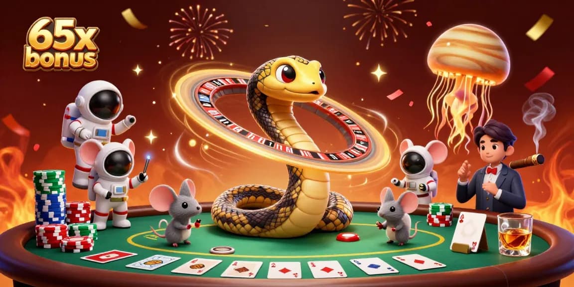 Os jogadores desfrutam do bônus 65x em um cassino intergaláctico, apostando em roletas e cartas.
