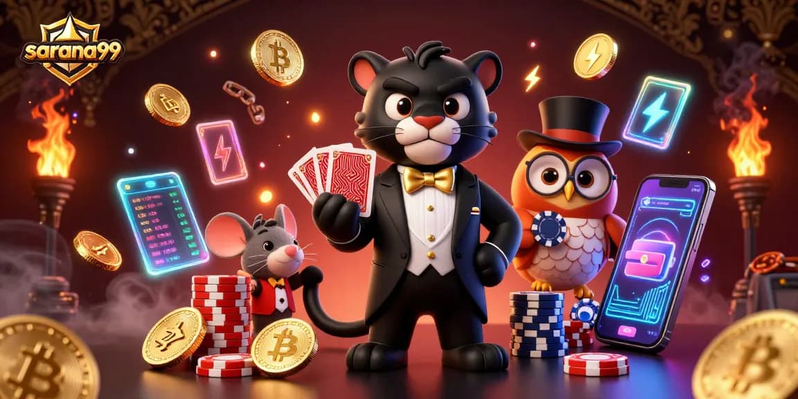 Engage in gameplay with sarana99, featuring lively characters amid vibrant casino elements.