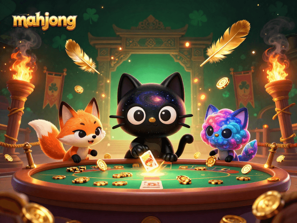 Experience Mahjong gameplay with a cosmic twist as the black hole cat attracts golden chips and cards.