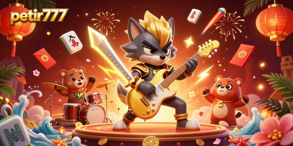 Experience the excitement of petir777 with animated characters on a vibrant casino-themed stage.