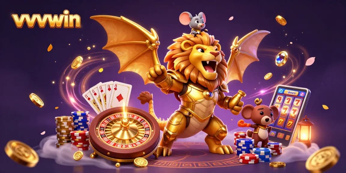 Experience thrilling wins at vvvwin with our captivating 3D gaming illustration featuring roaring chimera and lavish rewards.