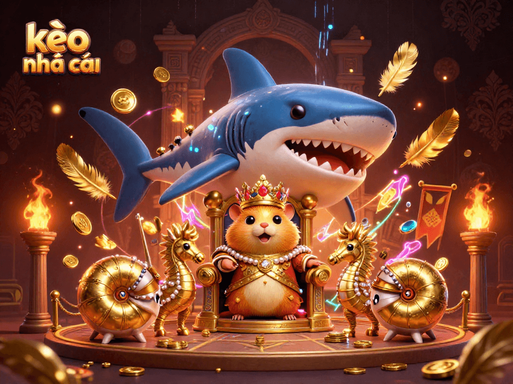 Experience kèo nhà cái with a whimsical scene featuring a golden hamster king and his royal guards amidst a vibrant casino atmosphere.