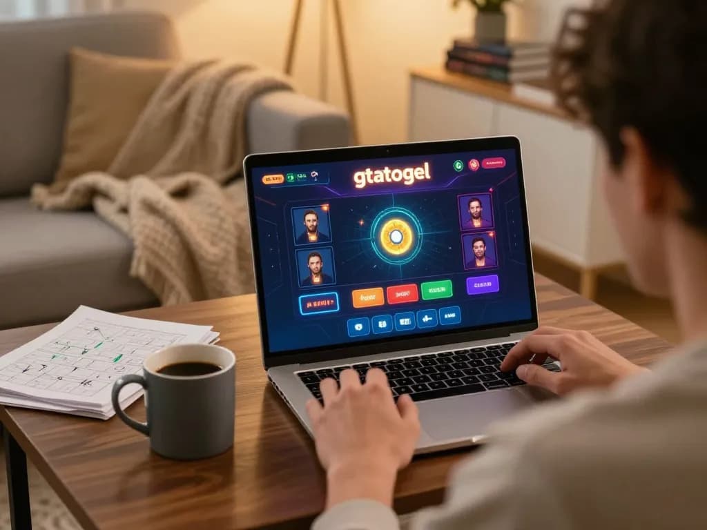 Engaging in gtatogel online betting with a laptop in a cozy home setting, highlighting strategic gaming.