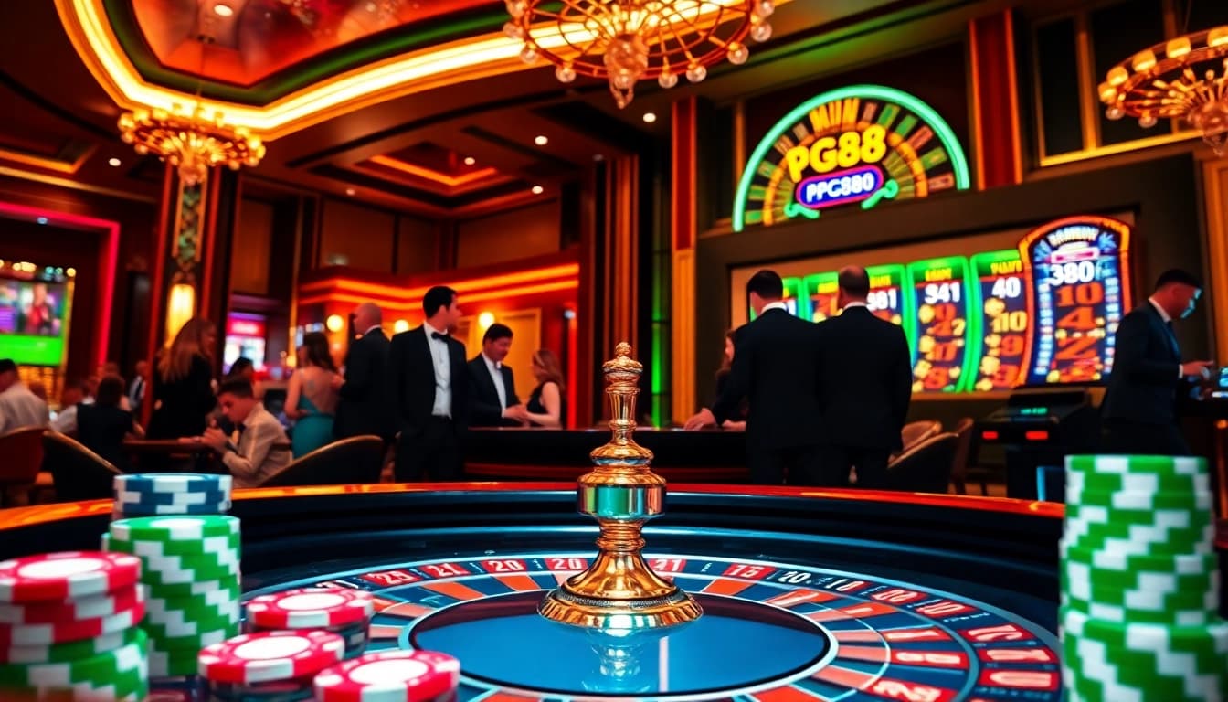 PG88 online casino scene showcasing players at a roulette table, vibrant poker chips, and thrilling slot machines.