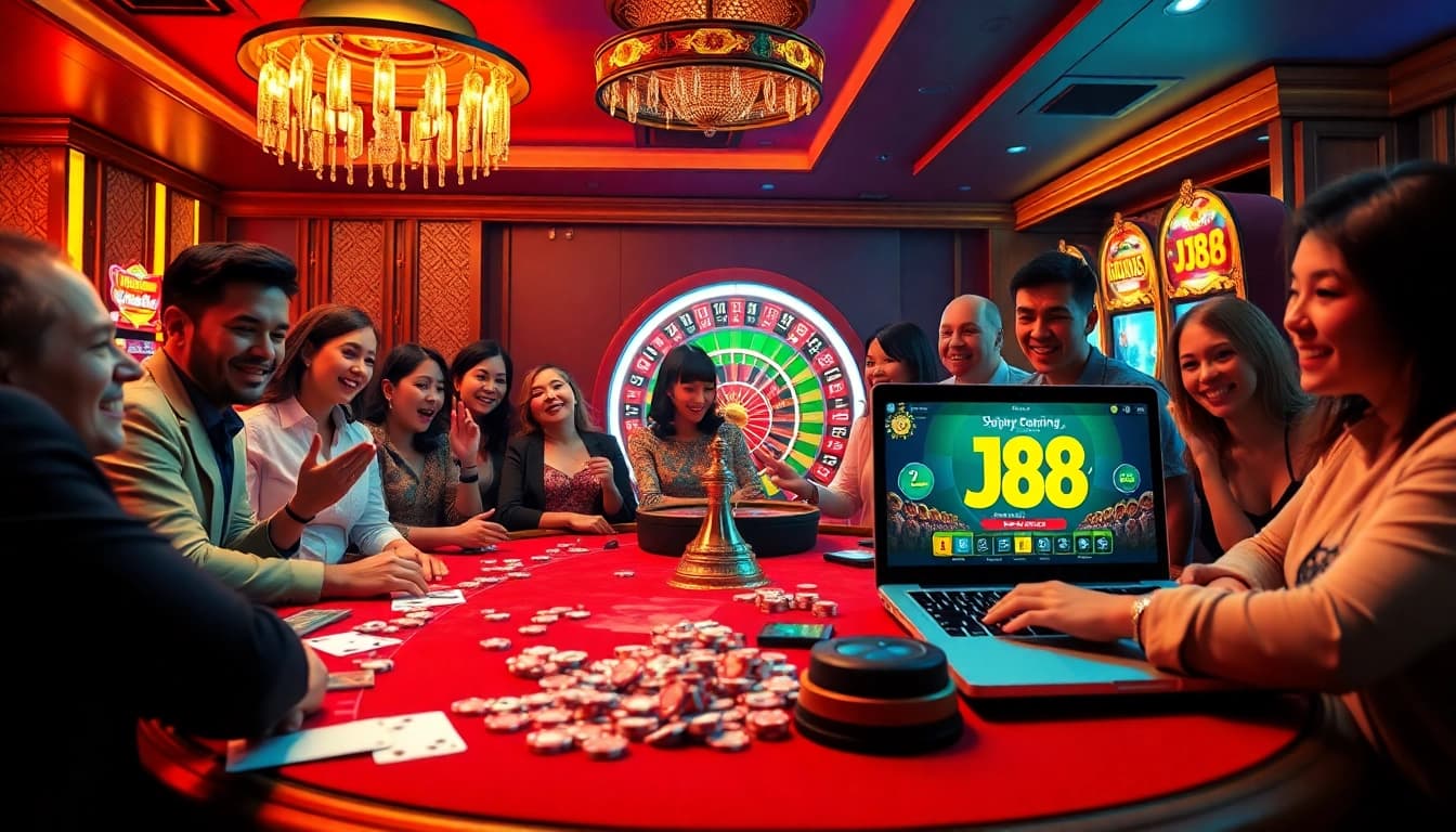 Exciting casino scene showcasing j88 online gaming with players at a poker table.