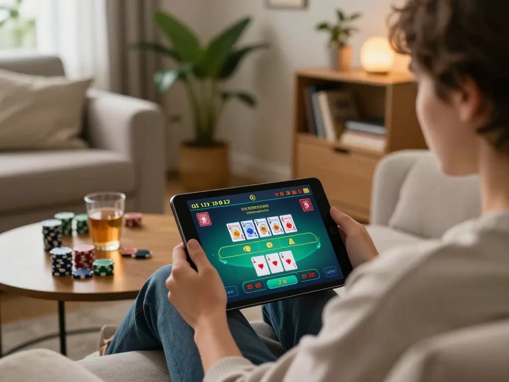 Hitclub player engaging in live dealer blackjack on tablet in cozy home setting