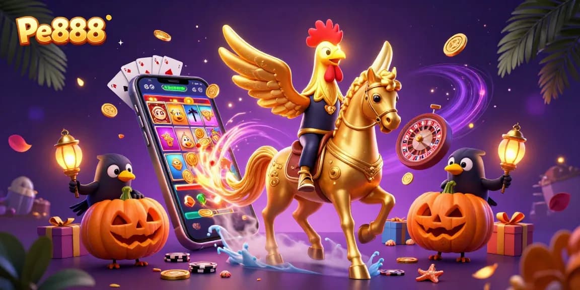 Engage with Pe888's vibrant casino scene featuring a golden rooster chasing fortune among magical slots.