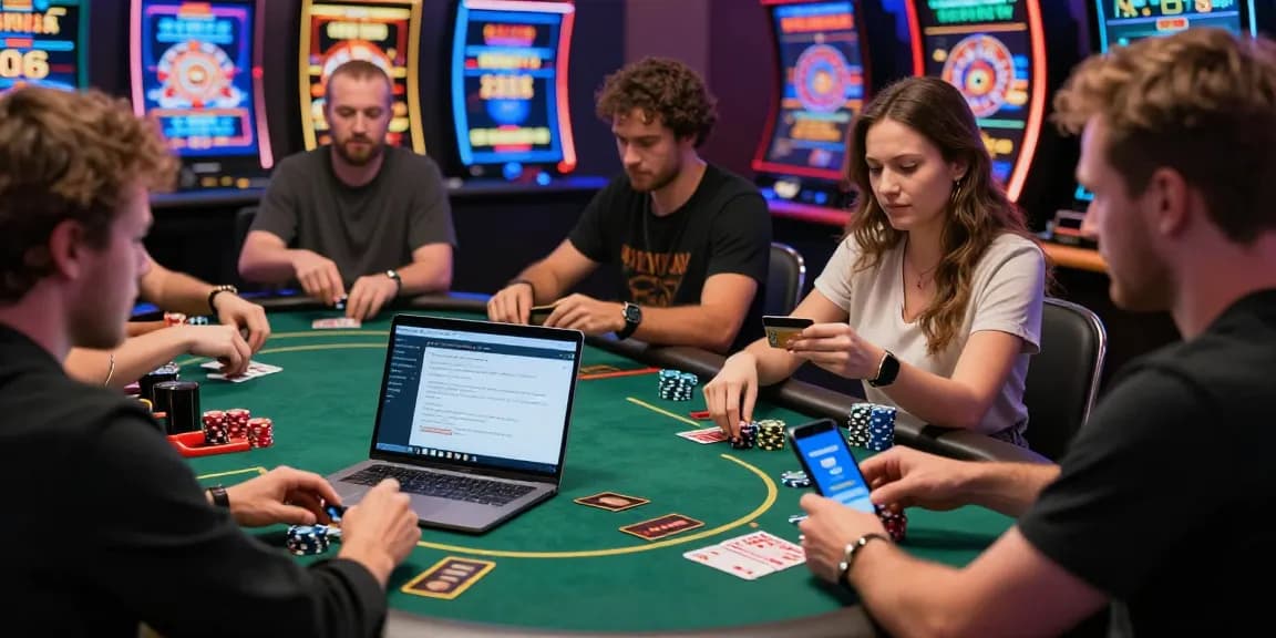 Players enjoying a lively casino experience, utilizing credit card casinos for fast and secure transactions, with vibrant game graphics and excitement in the atmosphere.