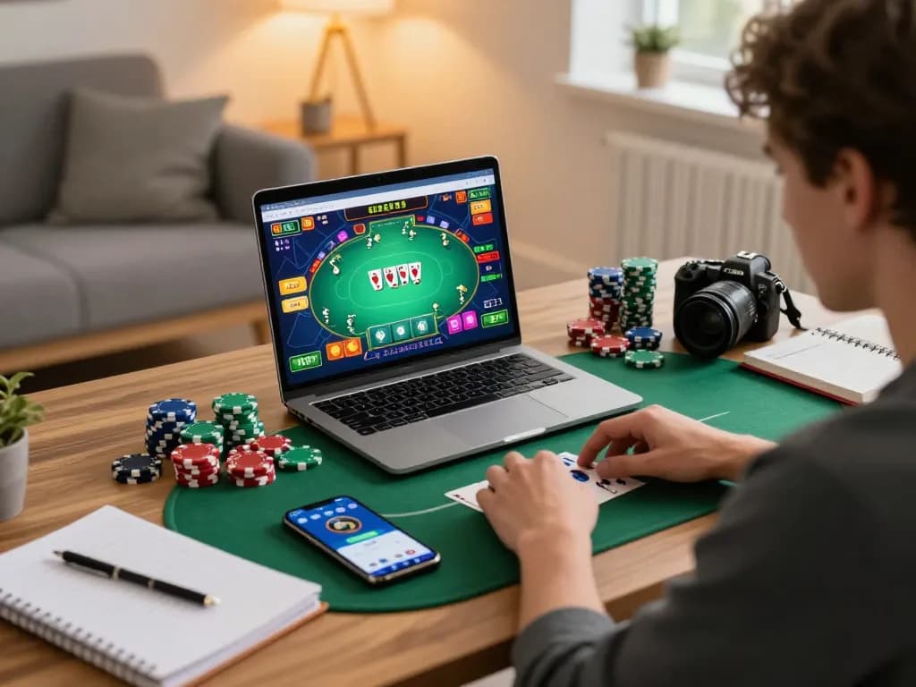 Engage in strategic online gaming at https://tg88.cash/ with focused player at laptop, showcasing dynamic poker gameplay