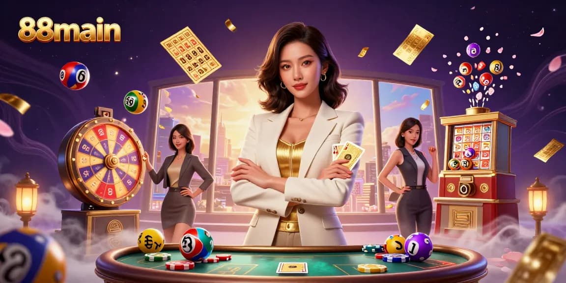 Memenangkan di 88main dengan seorang wanita Asia elegan yang memegang kartu poker di tengah elemen casino yang dinamis.