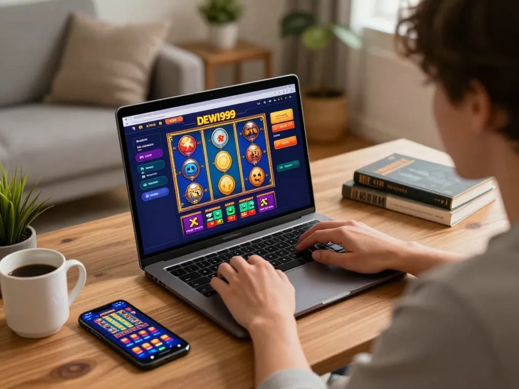 Memainkan permainan slot DEWI999 secara online di laptop dalam pengaturan rumah yang nyaman dengan pencahayaan hangat.