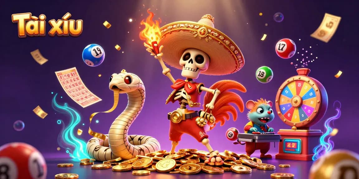 Tài xỉu game action scene with a skeleton mariachi rooster, mummy snake, and DJ hamster enjoying vibrant gameplay dynamics