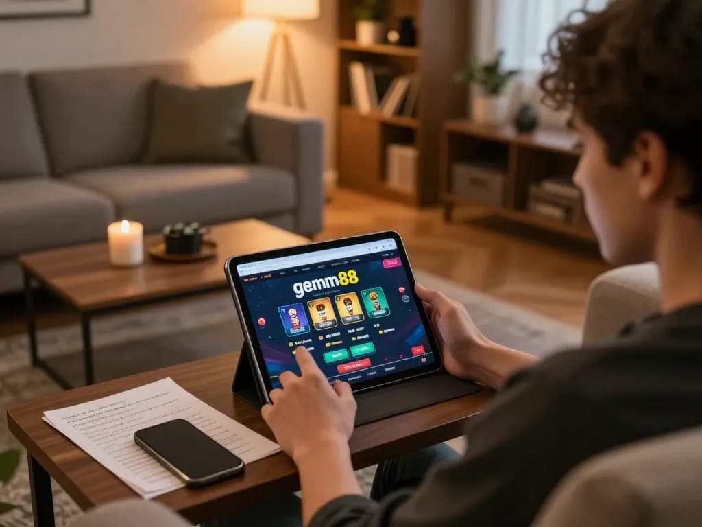 Engaging in online gaming, showcasing the gem88 link on a tablet with strategic insights.