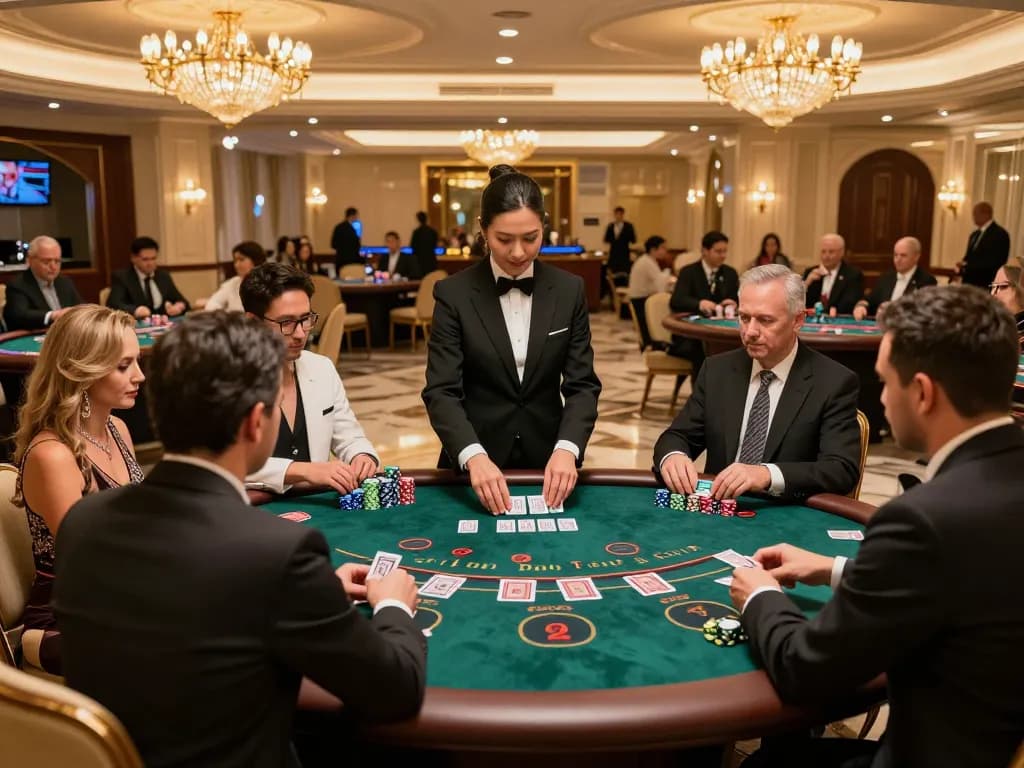 HUBET players at a blackjack table enjoying strategic gameplay in a luxurious casino setting.